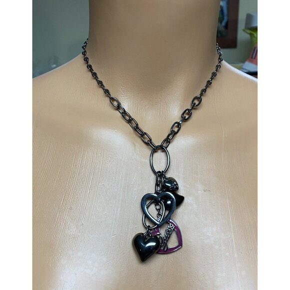 Guess Silver-Tone Heart Charm Necklace With Pink Enamel & Rhinestone Accents For - Picture 7 of 9